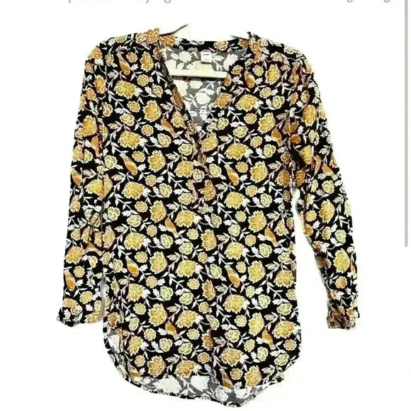 Old Navy Blouse black mustard bird and flora blouse, large - Picture 1 of 4